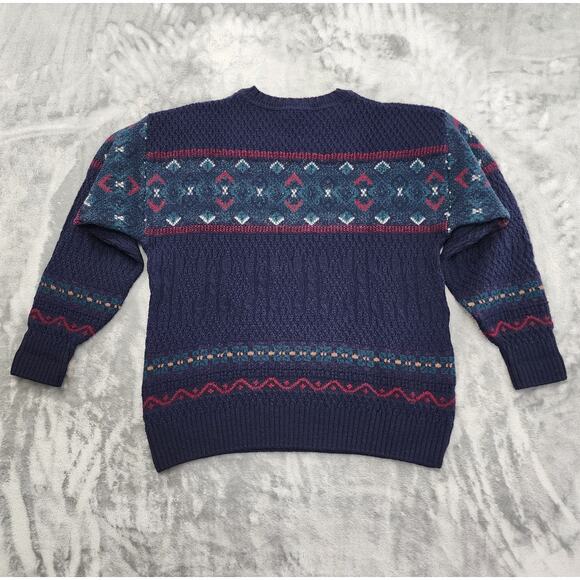 Vintage 70s Pendleton Sweater Mens L Navy Blue Fair Isle Wool Crew Neck Pullover - Picture 3 of 7